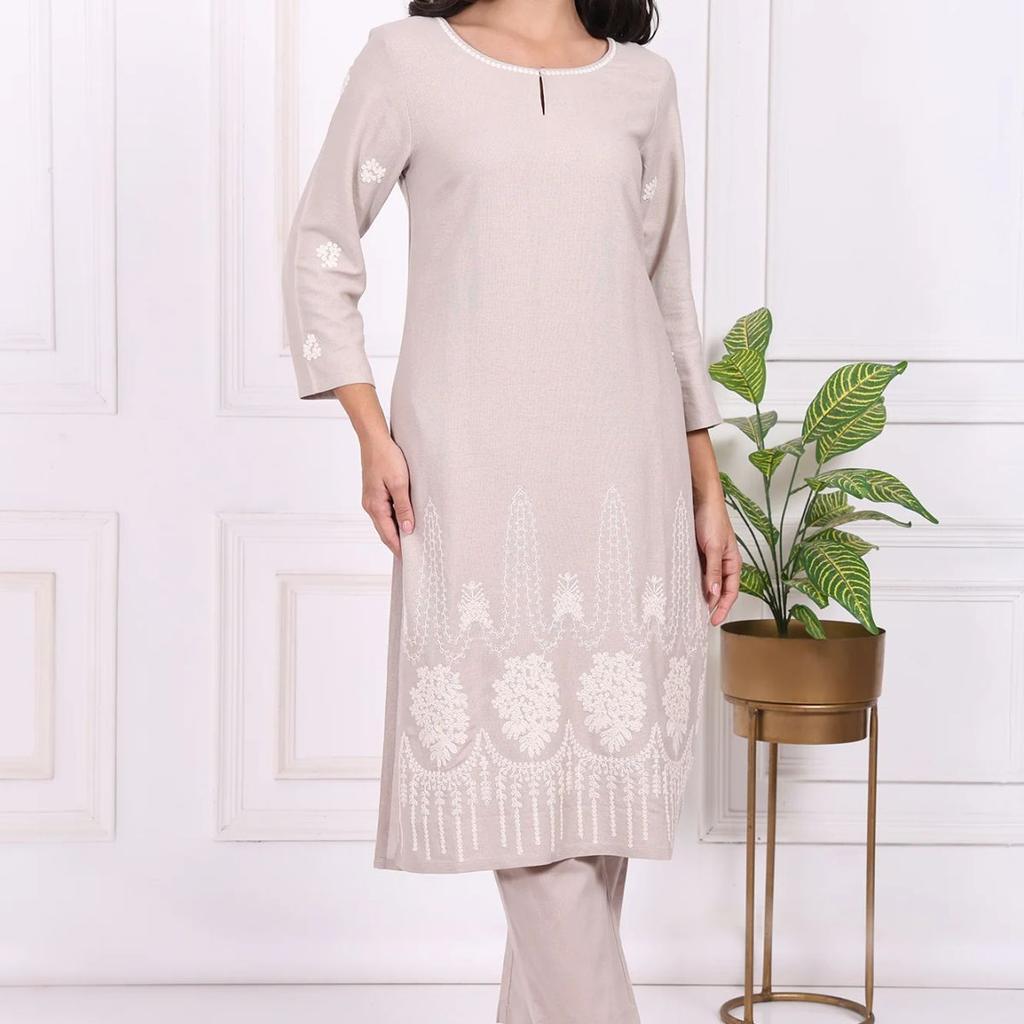 Beige Embroidered Rayon Straight Kurta and Straight Pants Co-ord Set