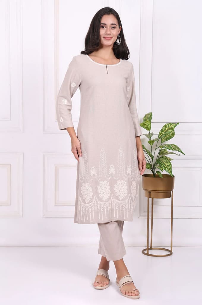 Beige Embroidered Rayon Straight Kurta and Straight Pants Co-ord Set — XS