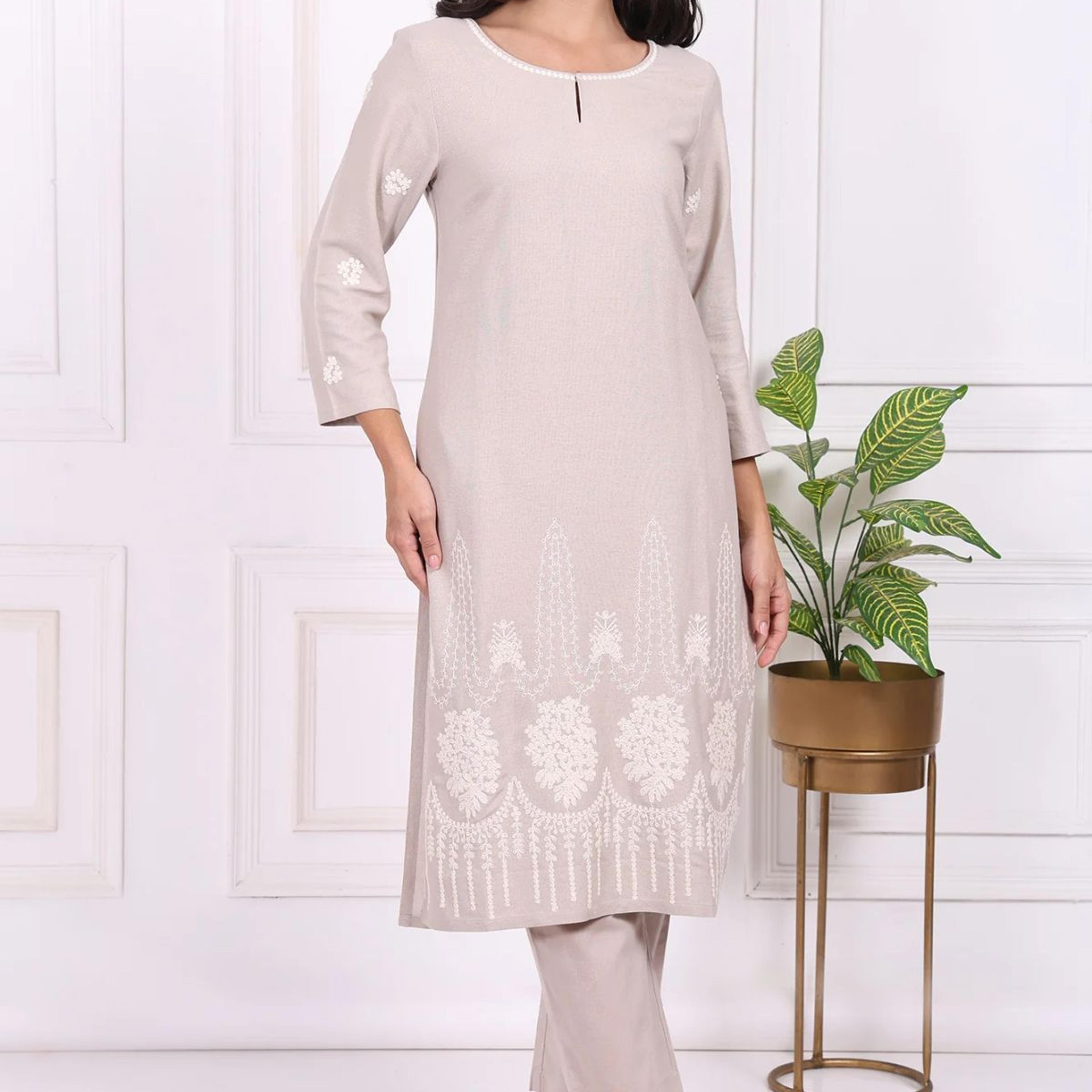 Beige Embroidered Rayon Straight Kurta and Straight Pants Co-ord Set
