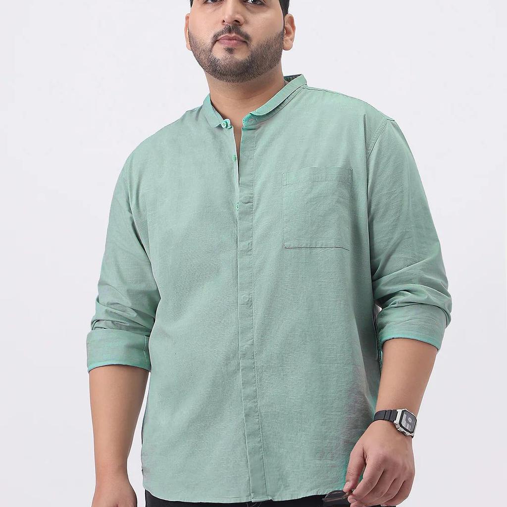 Plus Men's Mint Cotton Full Sleeve Regular Fit Casual Solid Shirt with Band Collar