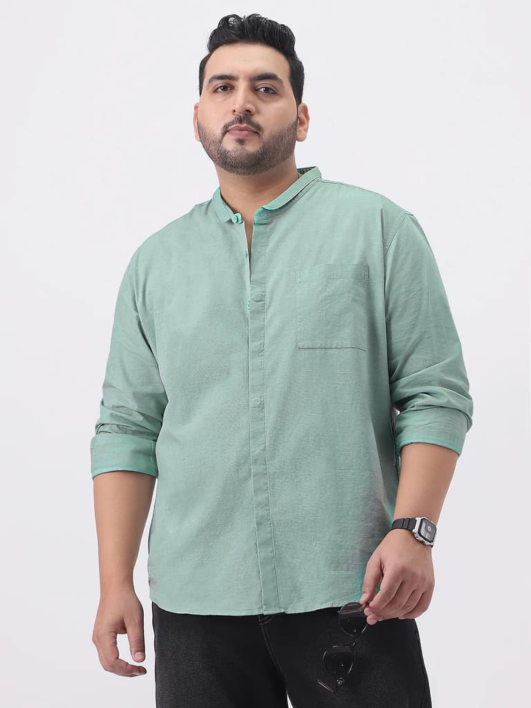 Plus Men's Mint Cotton Full Sleeve Regular Fit Casual Solid Shirt with Band Collar — XXL / Mint