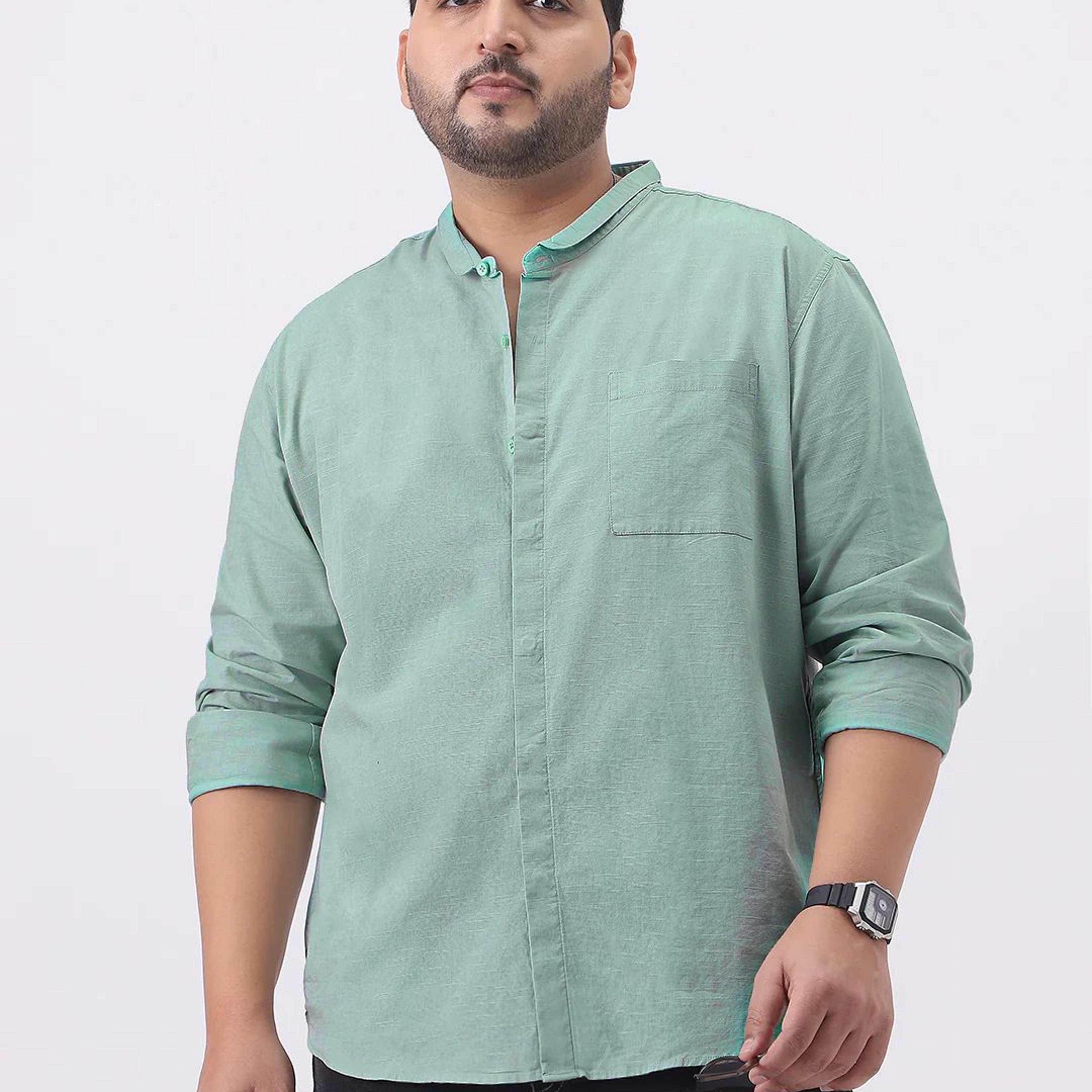 Plus Men's Mint Cotton Full Sleeve Regular Fit Casual Solid Shirt with Band Collar