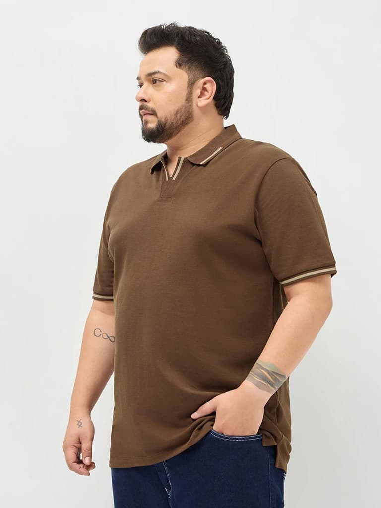 Plus Men's Dark Brown Solid Regular Fit Half Sleeve Cotton Polo T-Shirt — photo 2