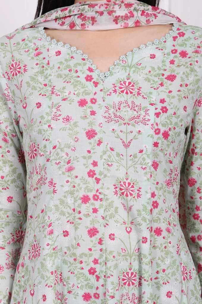 Light Green Floral Printed Lace Trim Anarkali Cotton Kurta with Straight Pant and Dupatta Set — photo 3
