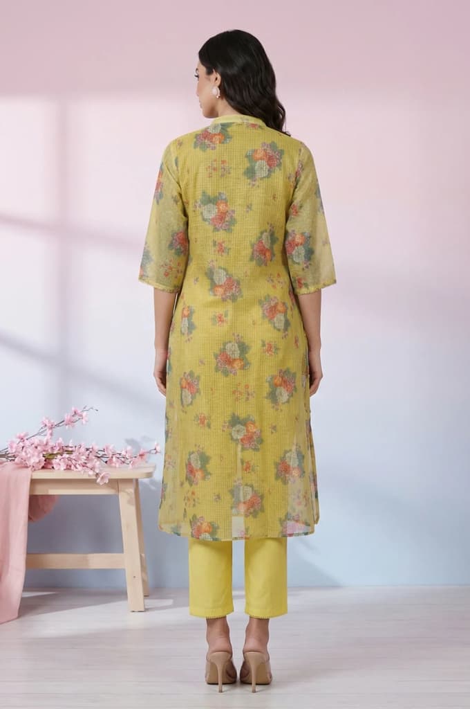 Yellow Floral Printed Kota Straight Kurta — photo 5