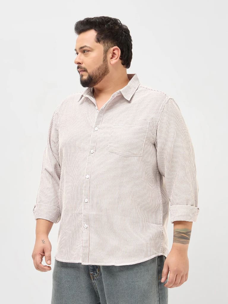 Plus Men's Rust Cotton Full Sleeve Regular Fit Casual Striped Shirt — photo 3