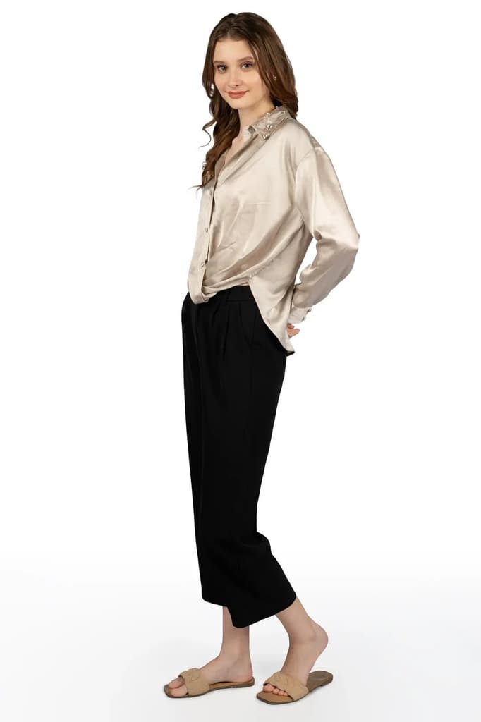 Beige Satin Collared Crop Shirt — photo 4