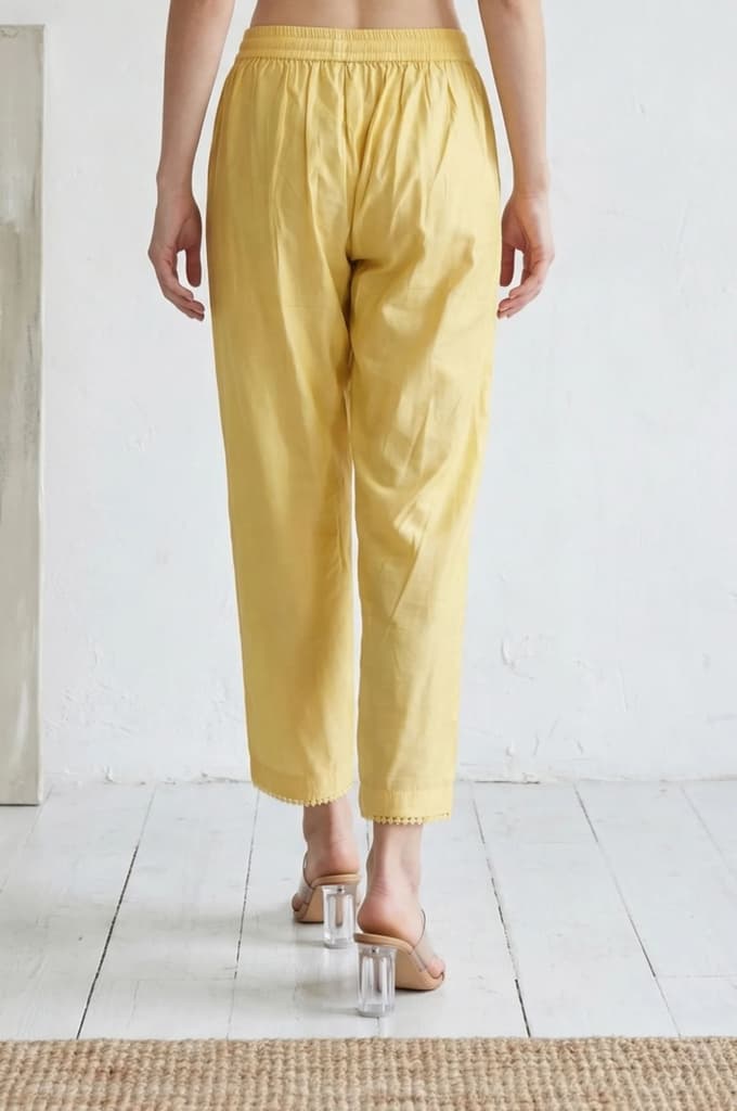 Yellow Solid Straight Fit Pants with Lace — photo 5