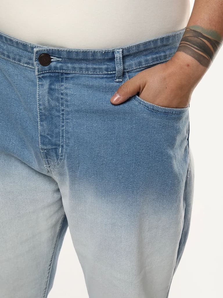 Plus Men's Ice Blue Straight Fit Heavy Washed Faded Denim Jeans Stretchable — photo 5