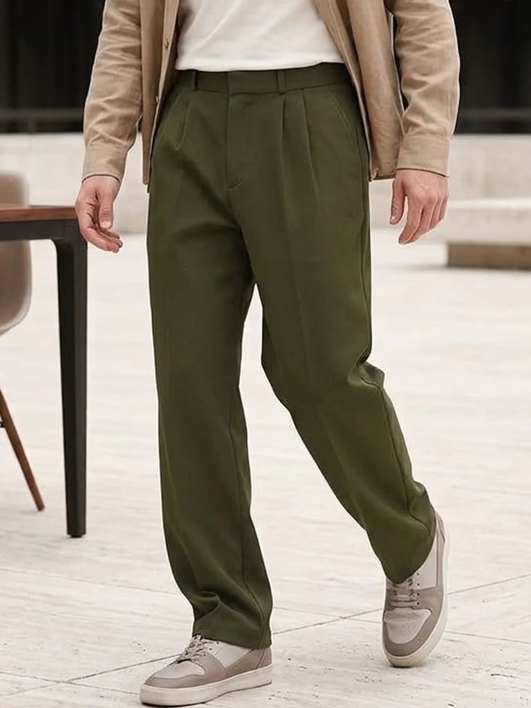 Men's Dark Olive Loose Baggy Fit Solid Korean Trousers Stretchable — 28 / Dark Olive