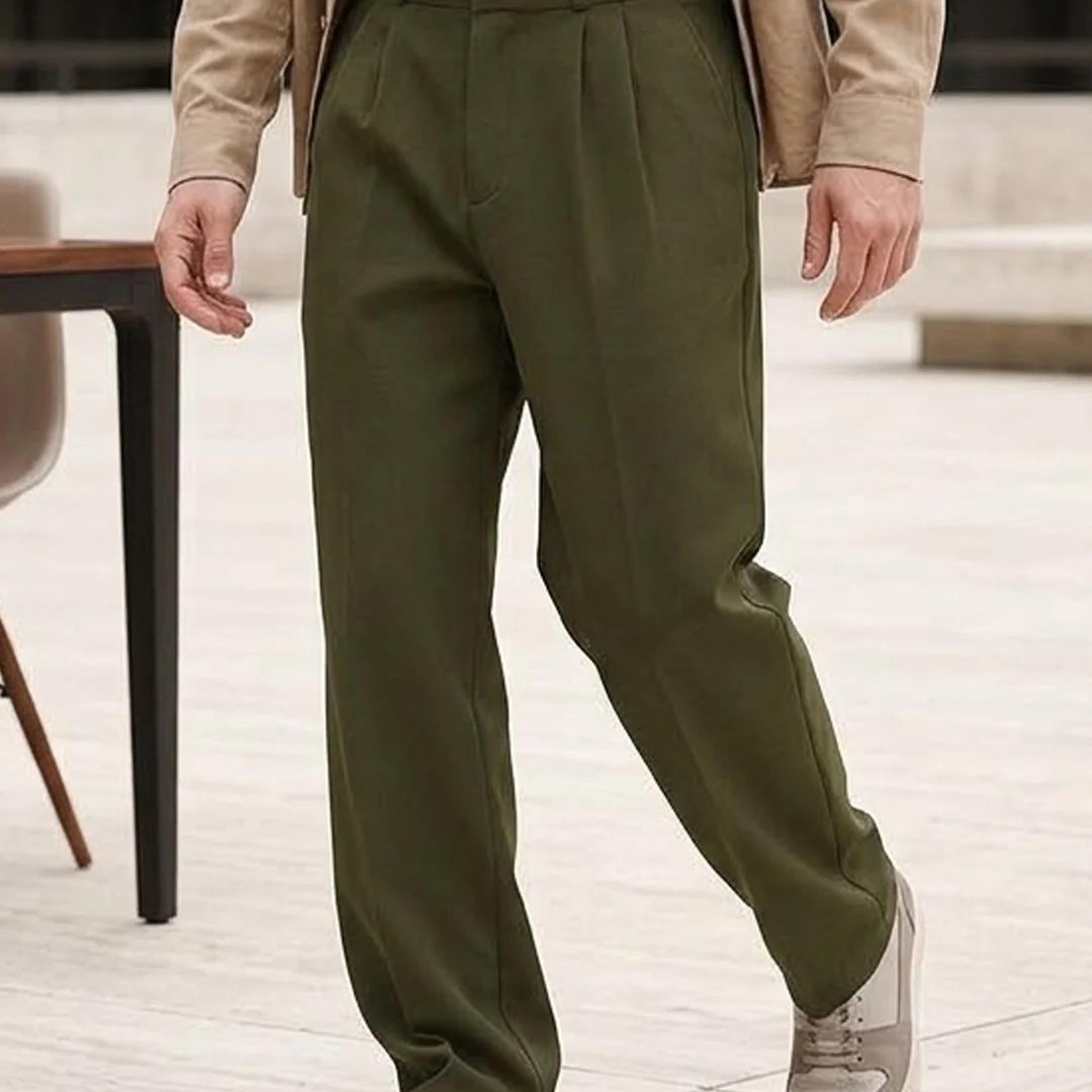 Men's Dark Olive Loose Baggy Fit Solid Korean Trousers Stretchable