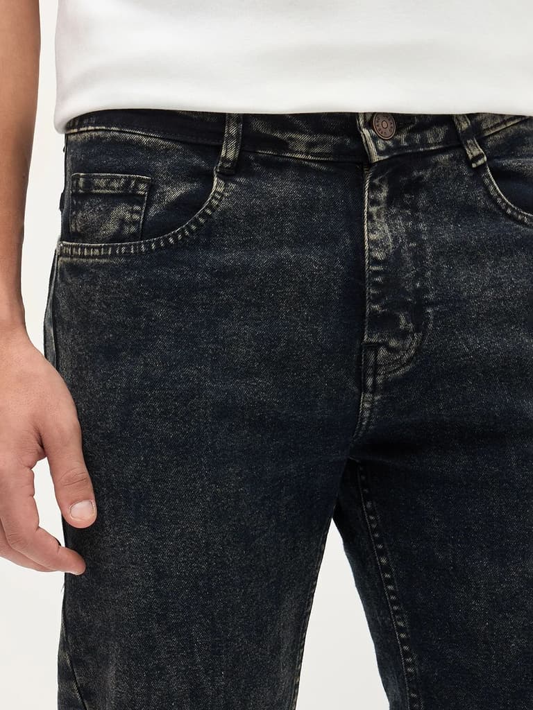 Men's Black Regular Fit Towel Washed Yellow Tint Denim Jeans Stretchable — photo 6