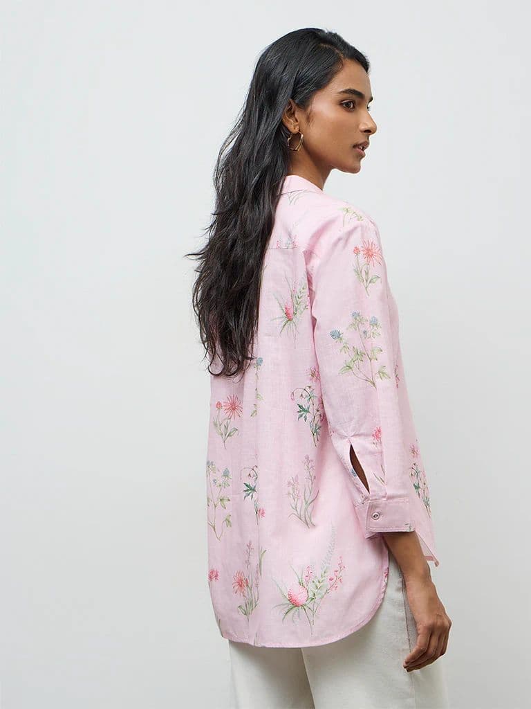 Utsa Light Pink Foliage Printed Cotton Tunic — photo 4