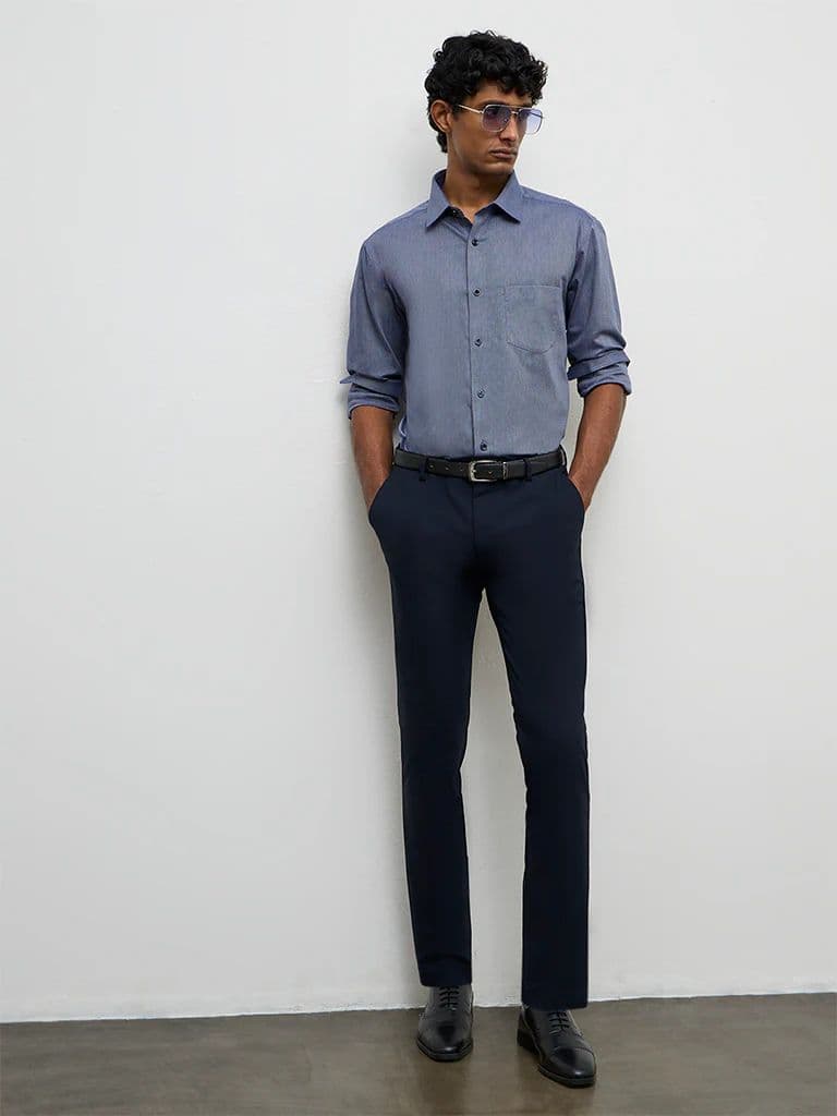 WES Formals Navy Relaxed-Fit Cotton Shirt