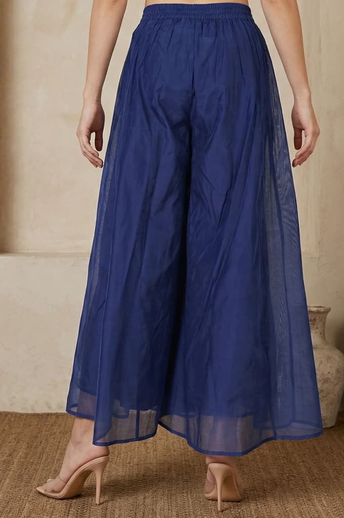 Navy Blue Solid Chanderi Flared Ankle Length Cullotes — photo 6