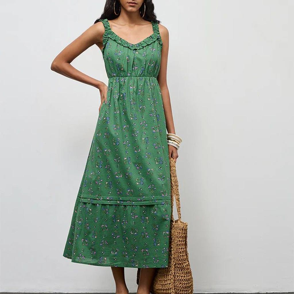 Bombay Paisley Green Floral Design Cotton A-Line Dress