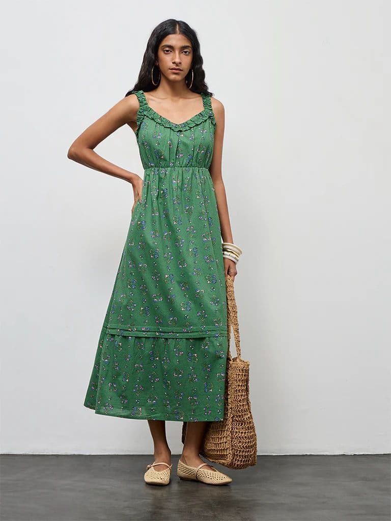 Bombay Paisley Green Floral Design Cotton A-Line Dress