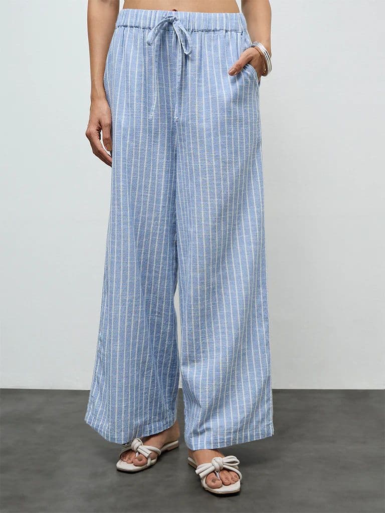LOV Light Blue Striped High-Rise Cotton Pants — photo 2