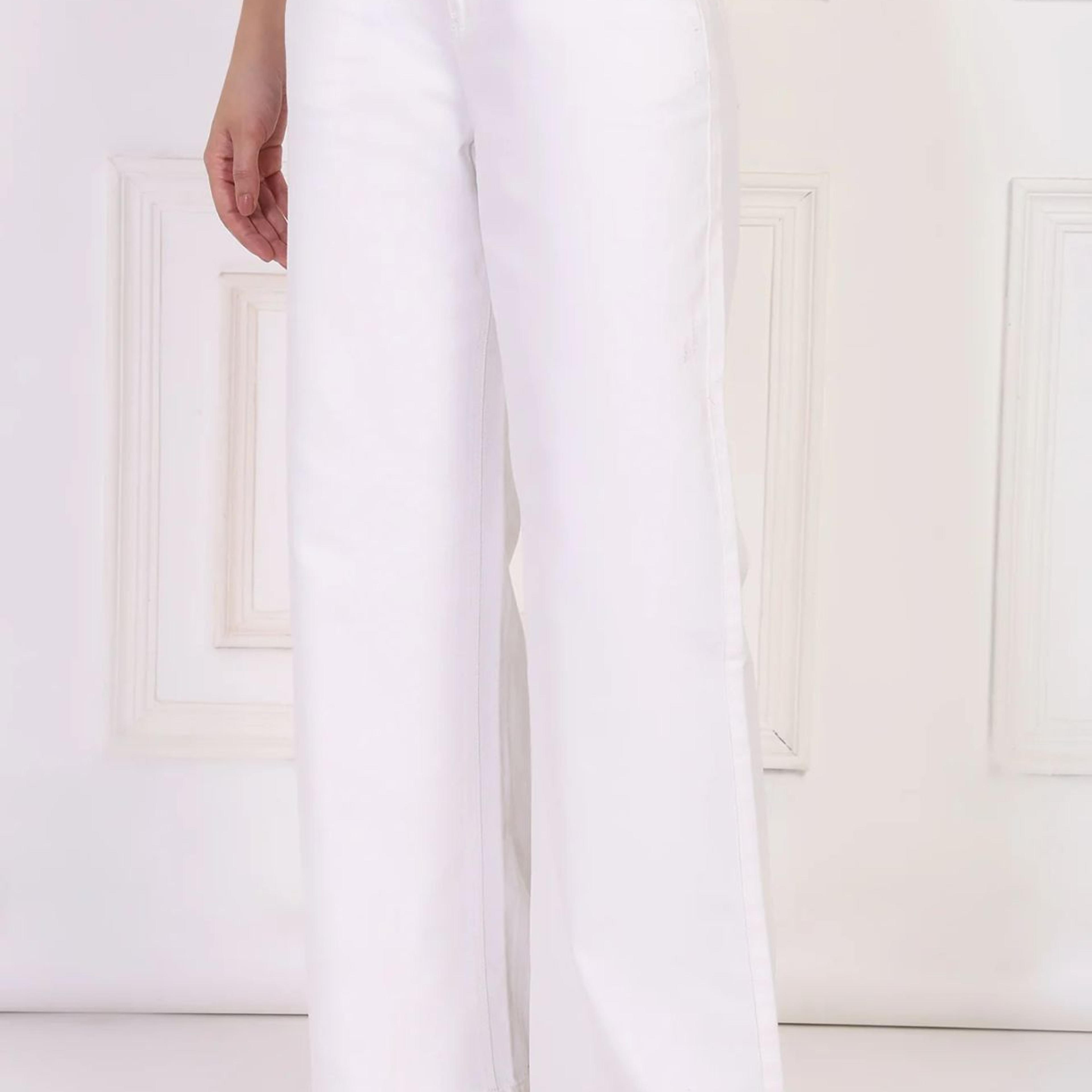 White Solid Flared Cotton Pant