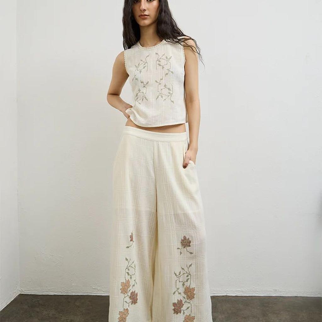 Bombay Paisley Off-White High-Rise Cotton Palazzos