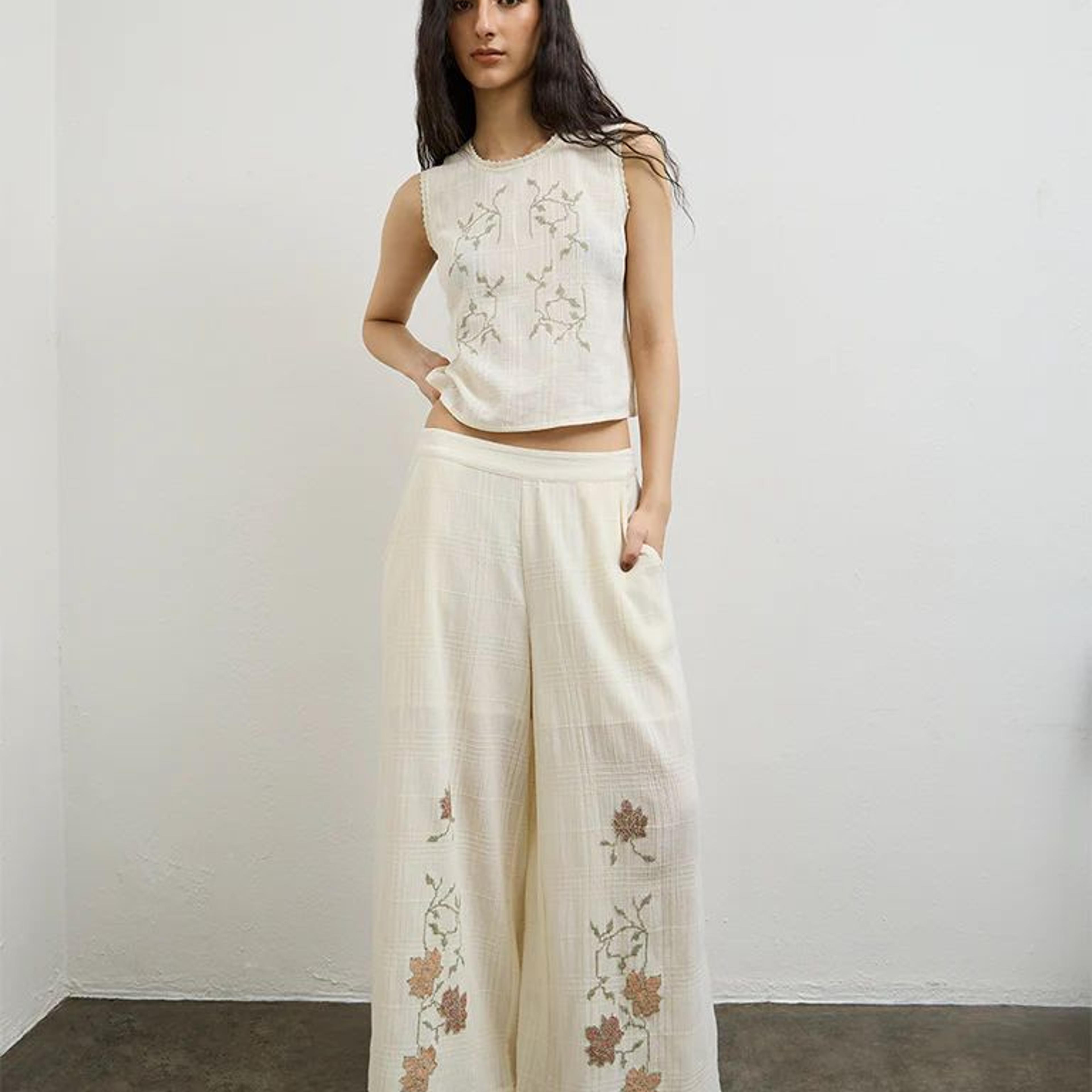 Bombay Paisley Off-White High-Rise Cotton Palazzos