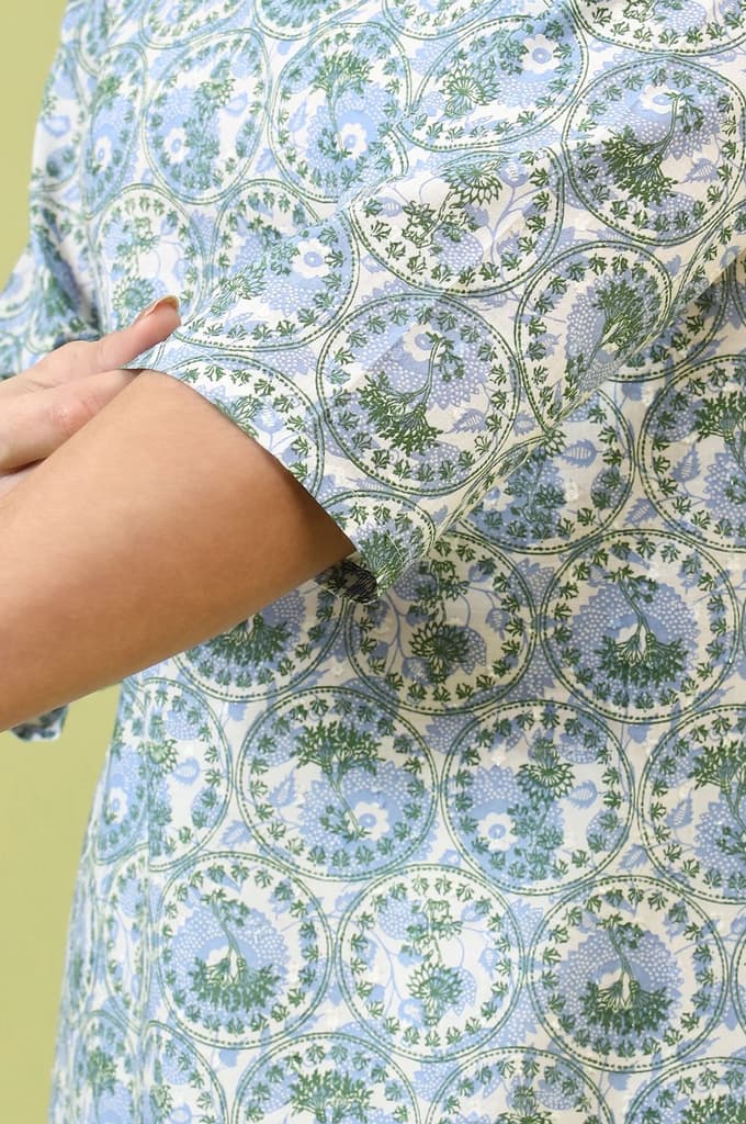 White and Blue Geometric Printed Pure Cotton Straight Kurta with Lace Detail — photo 7