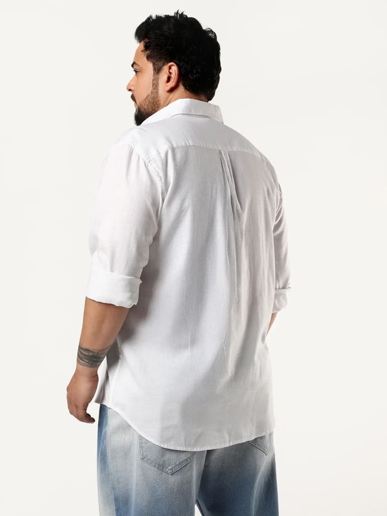 Plus Men's White Linen Blend Full Sleeve Relaxed Fit Casual Solid Shirt — photo 4
