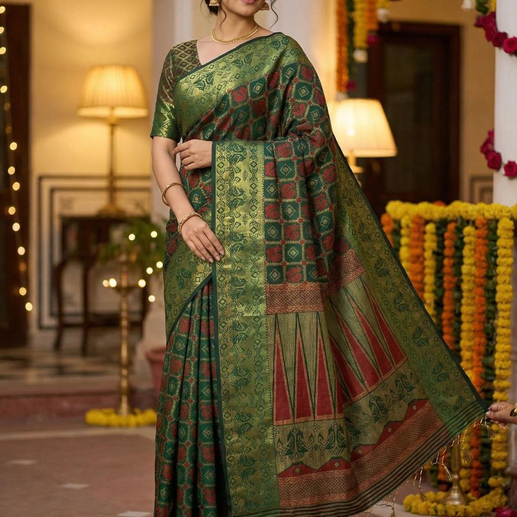 MIMOSA Women's Woven Design Patola Style Raw Silk Saree with Blouse Piece - Green ( SA00003139GRNFREE )