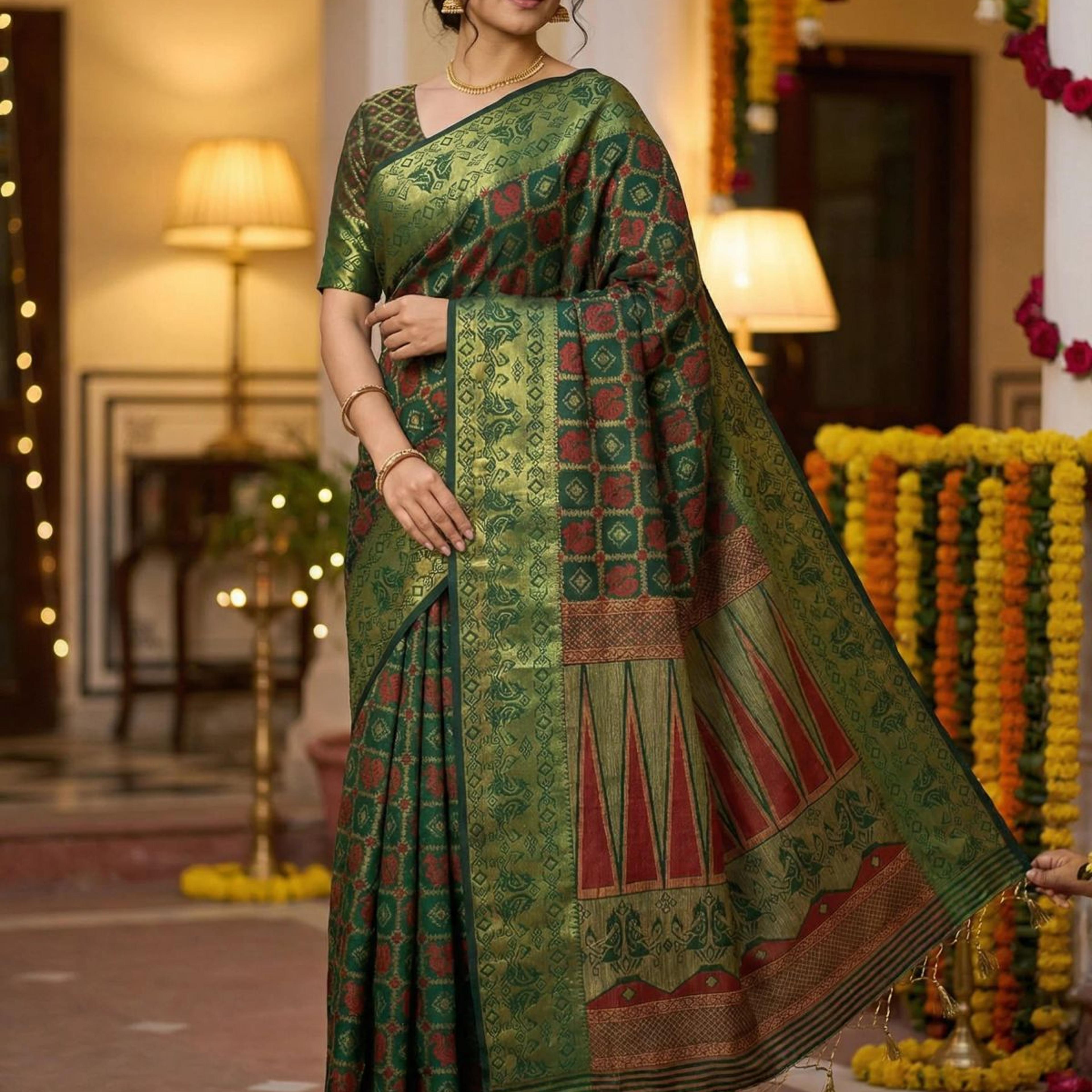 MIMOSA Women's Woven Design Patola Style Raw Silk Saree with Blouse Piece - Green ( SA00003139GRNFREE )