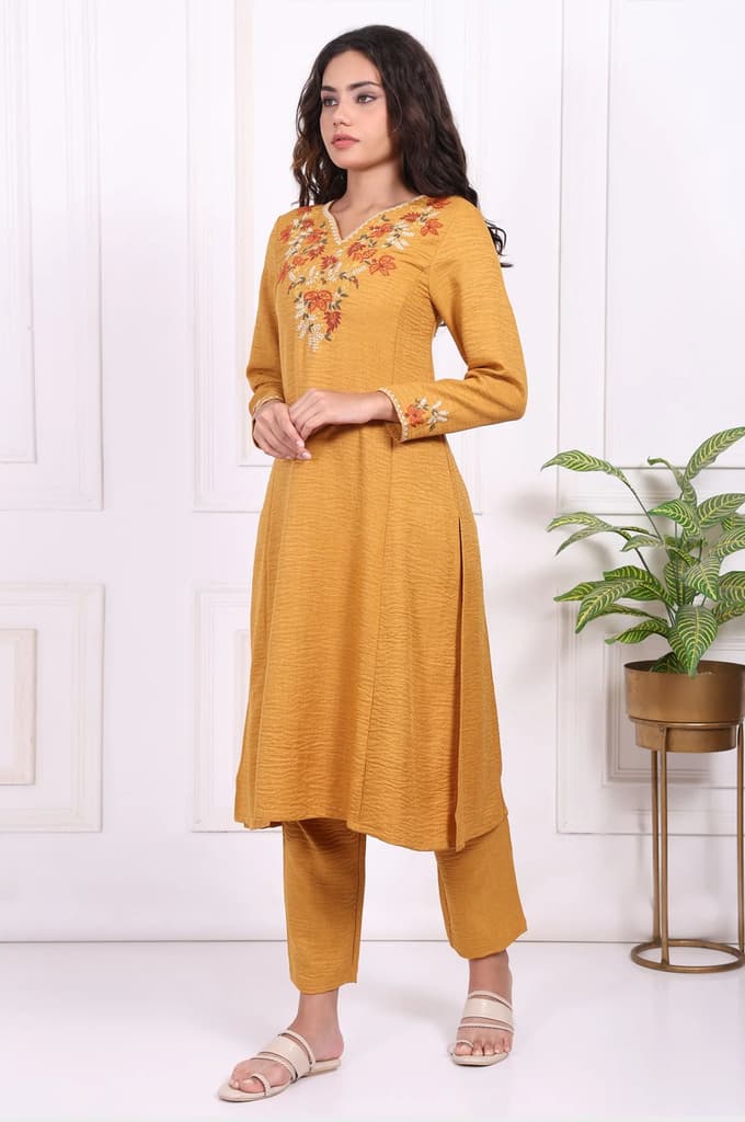 Mustard Floral Embroidered Straight Kurta with Straight Pant and Dupatta Set — photo 4
