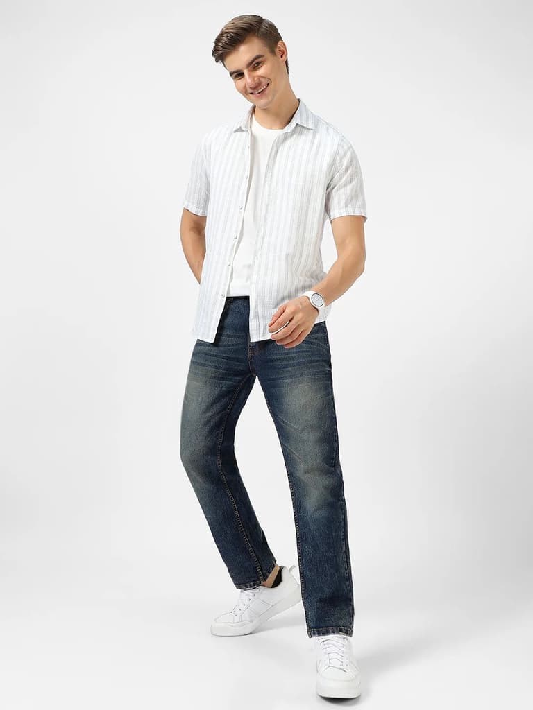 Men's Dark Blue Regular Fit Washed Jeans Stretchable — photo 4