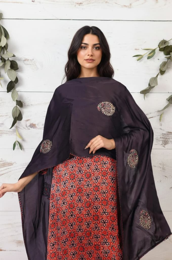 Maroon Embroidered Satin Dupatta — photo 2