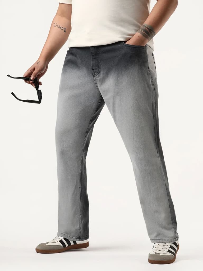 Plus Men's Dark Grey Straight Fit Heavy Washed Faded Denim Jeans Stretchable — photo 2