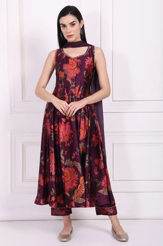 Purple Floral Printed Embellished Anarkali Satin Kurta with Straight Pant and Dupatta Set — photo 2