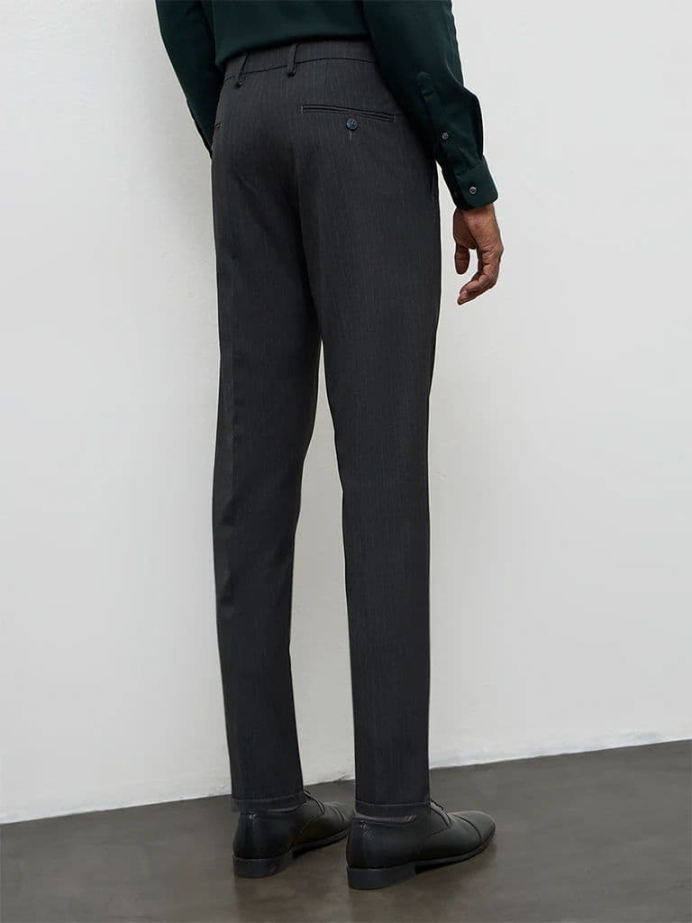 WES Formals Charcoal Pinstripe Relaxed-Fit Mid-Rise Trousers — photo 4