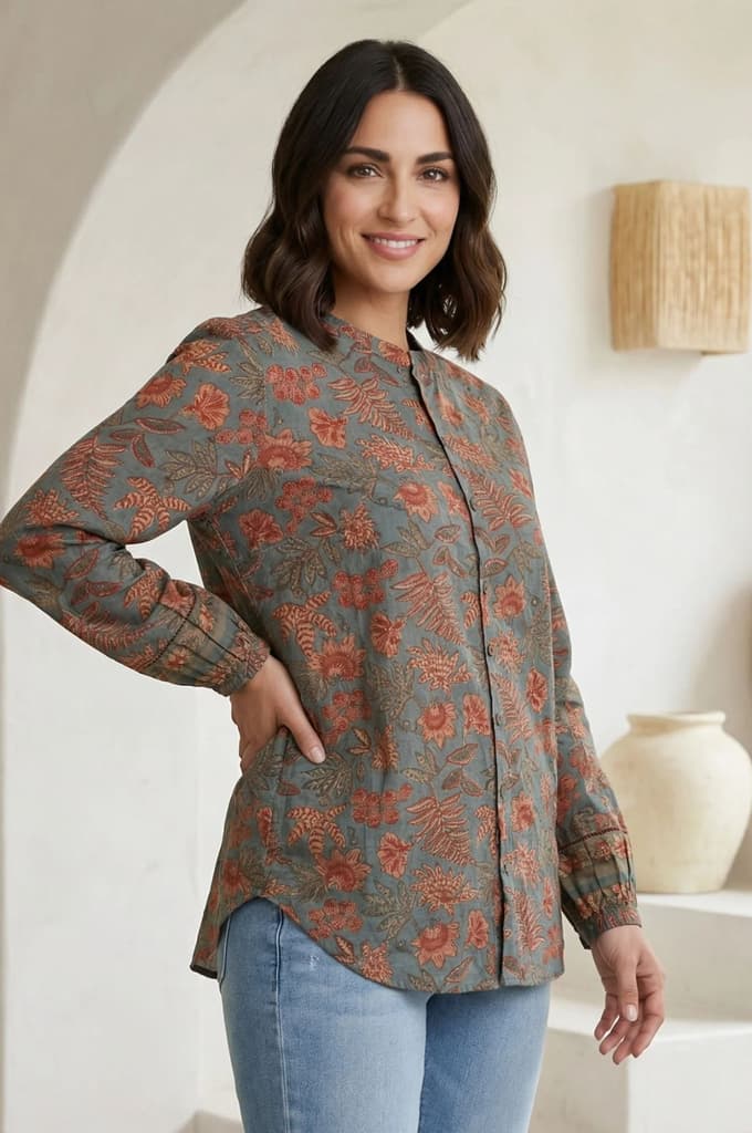 Blue Floral Printed Pure Cotton Straight Top — photo 6