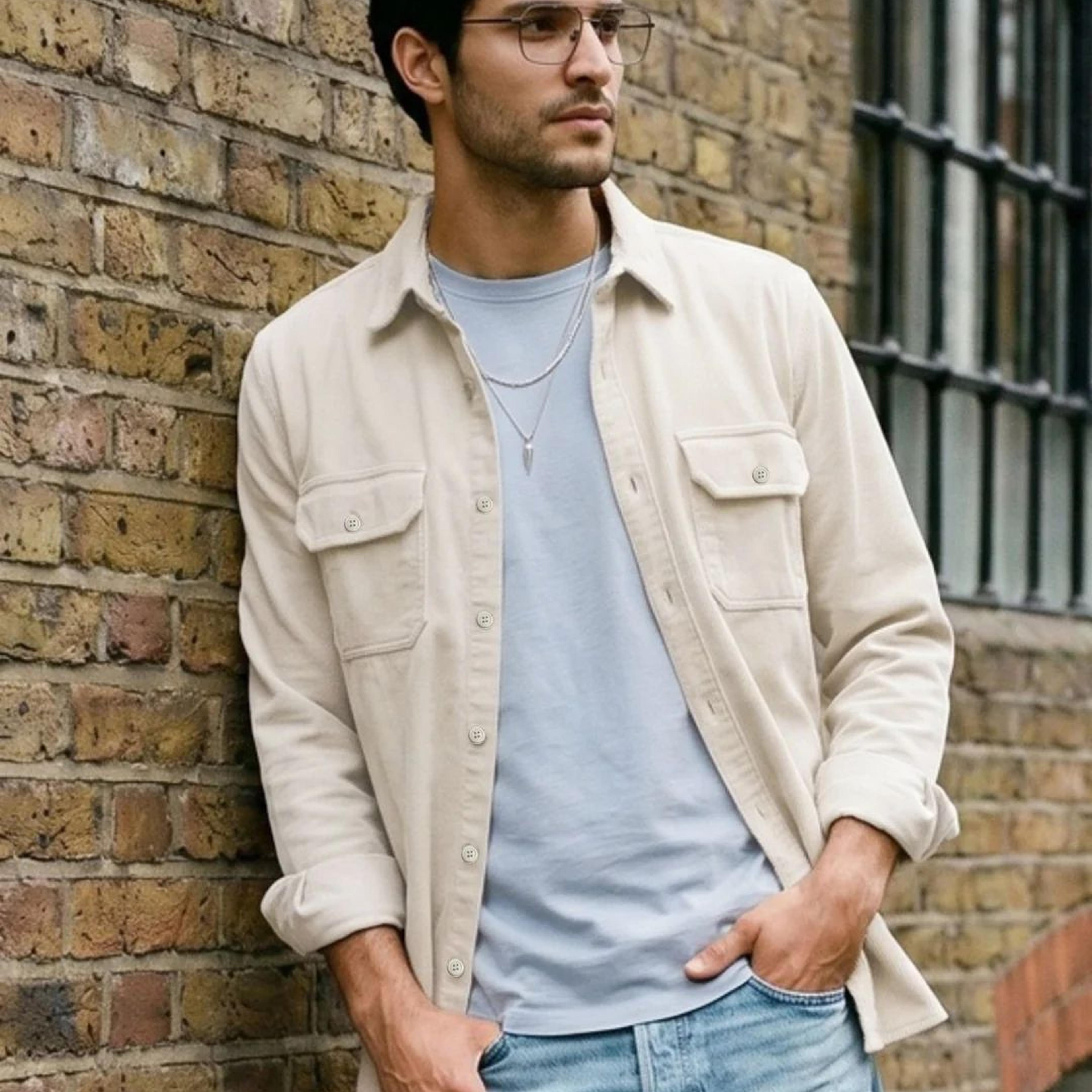 Men's White Corduroy Full Sleeve Regular Fit Solid Overshirt with Utility Pockets