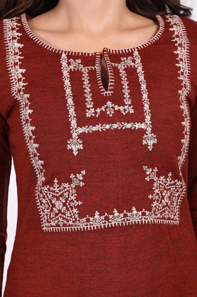 Rust Embroidered Straight Acrylic Kurta — photo 2