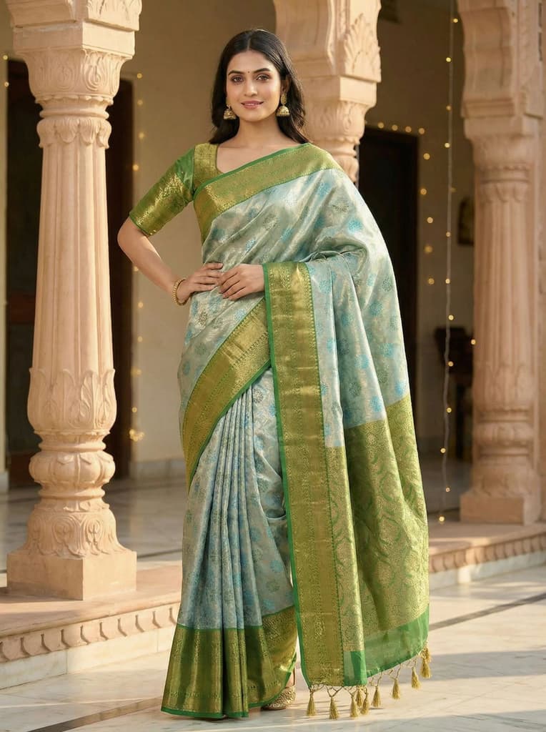 MIMOSA Women's Woven Design Kanjivaram Style Tissue Art Silk Saree with Blouse Piece - Saffire ( SA00002922SFFREE ) — photo 2