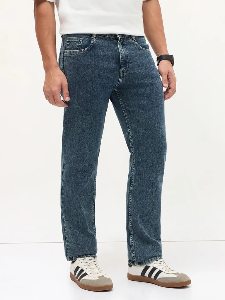 Men's Light Blue Regular Fit Towel Washed Yellow Tint Denim Jeans Stretchable — photo 3