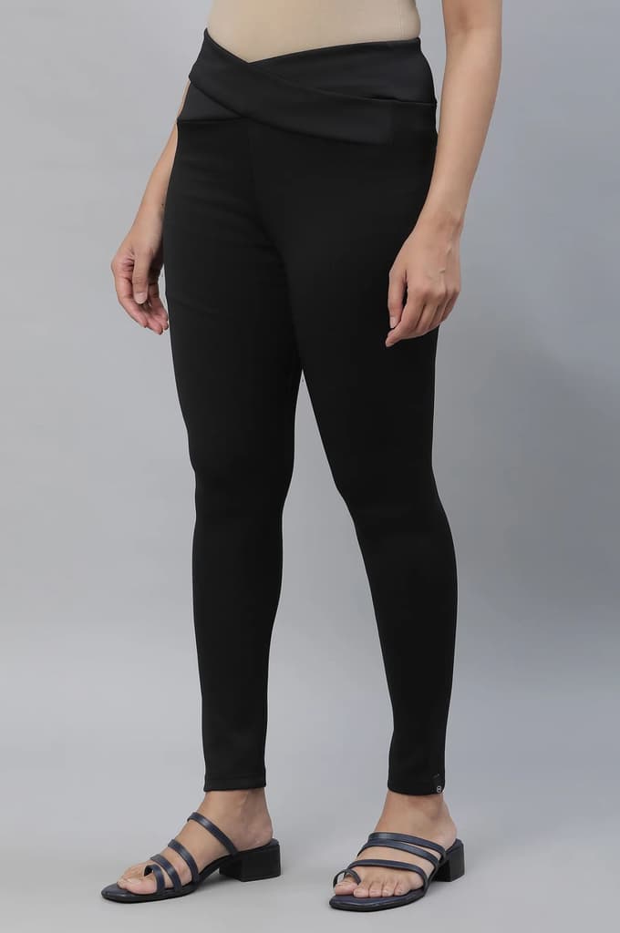 Black Solid Skinny Fit Tights With Criss Cross Waistband — photo 2