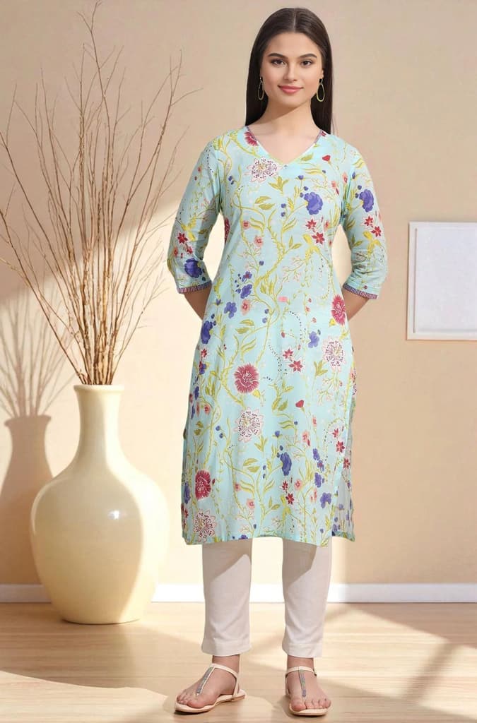 Light Blue Floral Printed Pure Cotton Straight Kurta — XS