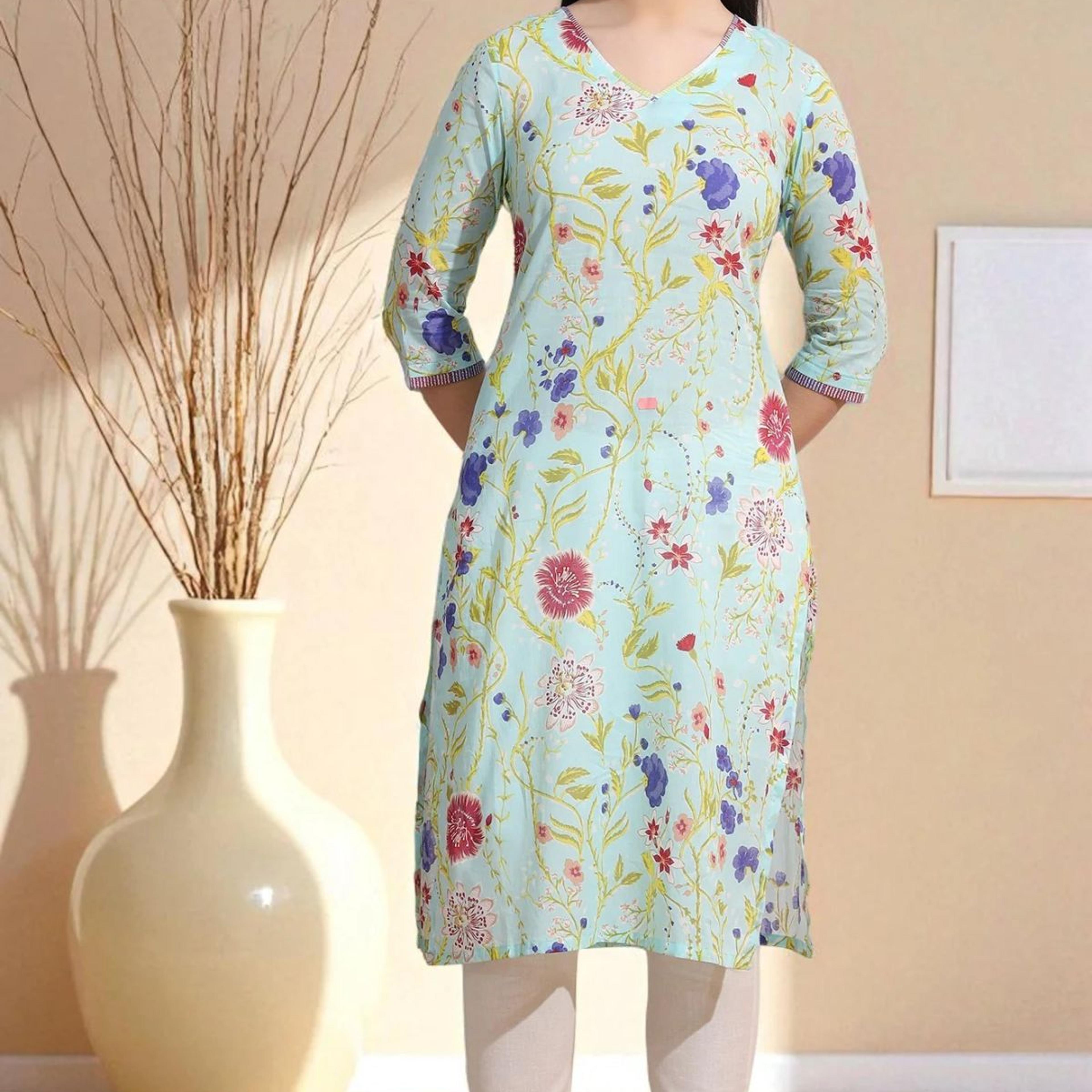 Light Blue Floral Printed Pure Cotton Straight Kurta