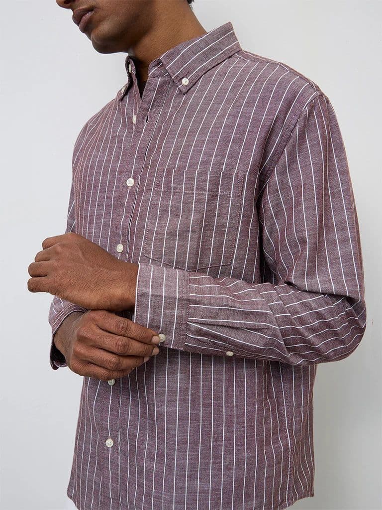 WES Casuals Brown Striped Relaxed-Fit Cotton-Blend Shirt — photo 3