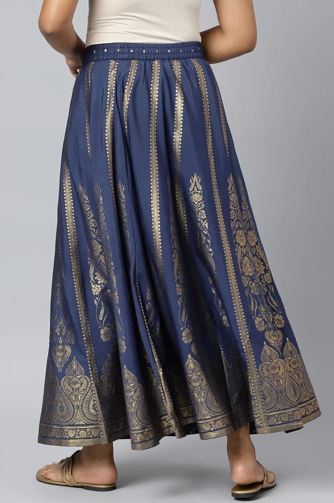 Navy Blue Floral Printed Flared Woven Skirt With Elasticated Waist — photo 4