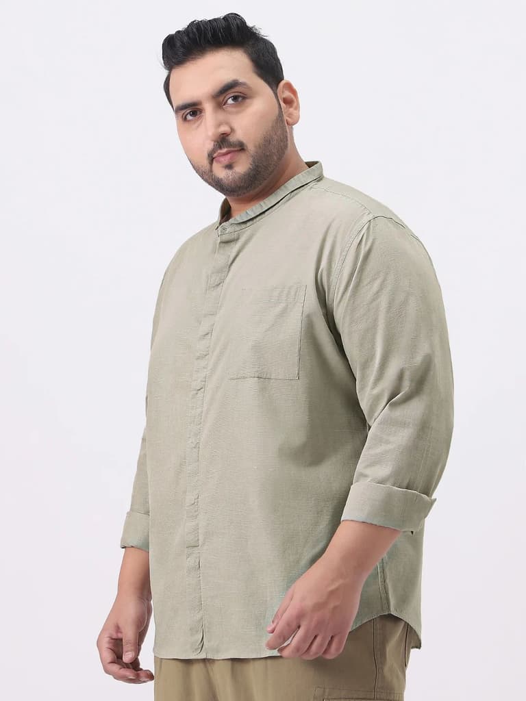 Plus Men's Light Olive Cotton Full Sleeve Regular Fit Casual Solid Shirt with Band Collar — photo 2