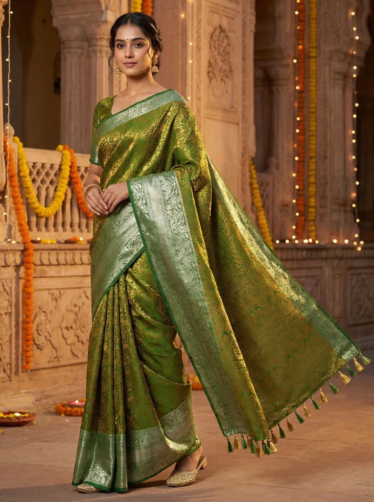 MIMOSA Women's Woven Design Banarasi Style Art Silk Saree with Blouse Piece - Green ( SA00003132GRNFREE ) — Default Title