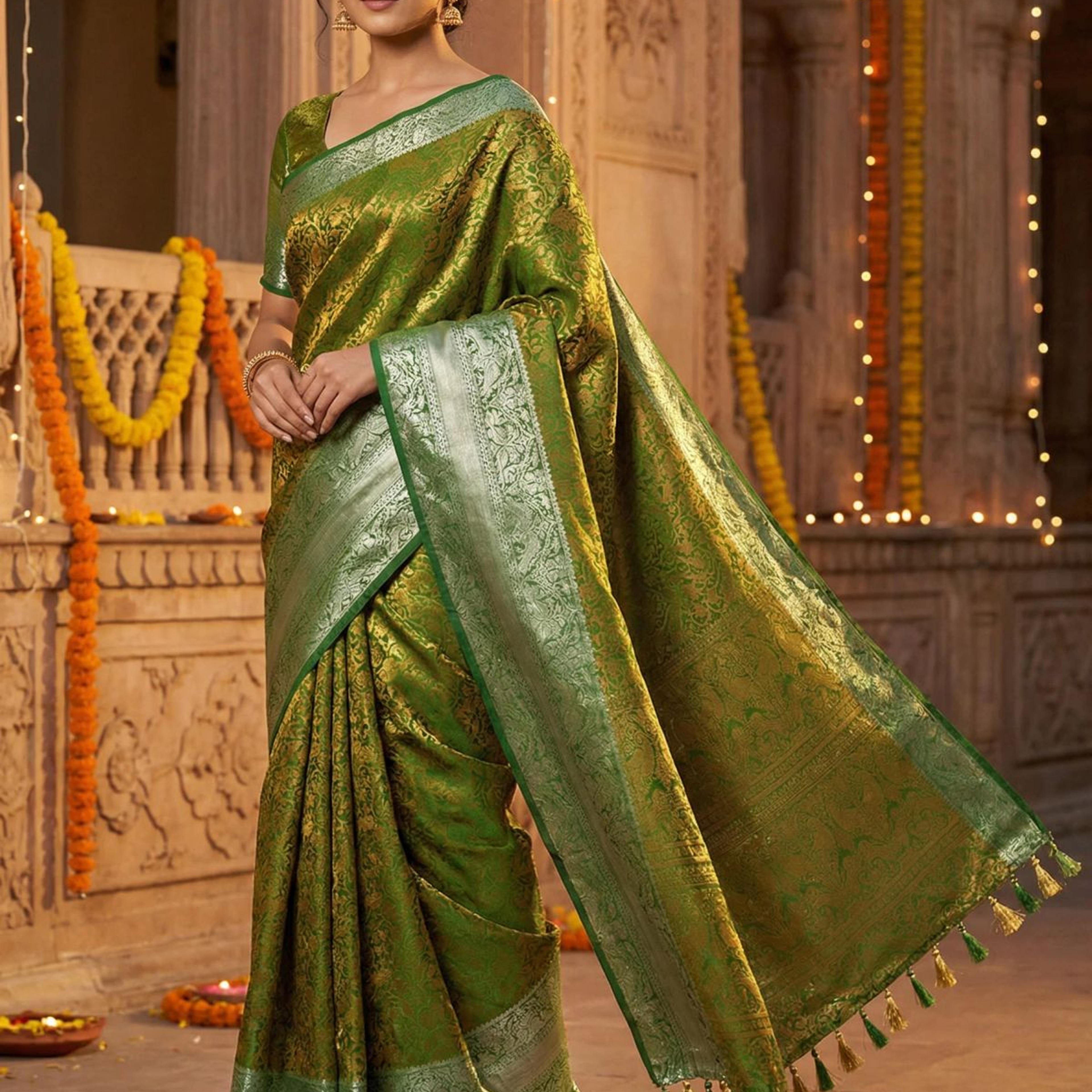 MIMOSA Women's Woven Design Banarasi Style Art Silk Saree with Blouse Piece - Green ( SA00003132GRNFREE )
