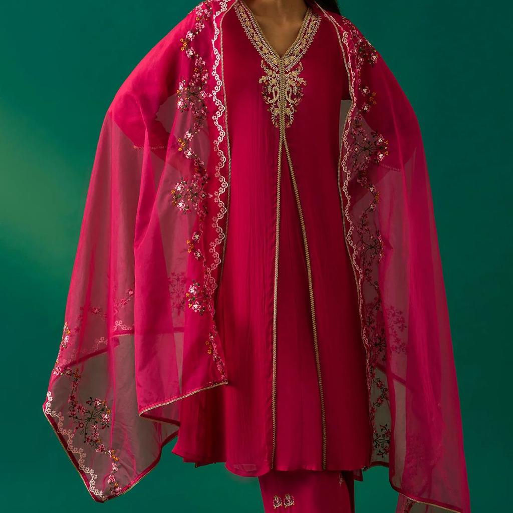 Pink Embroidered Straight Rayon Kurta with Parallel Pant and Dupatta Set