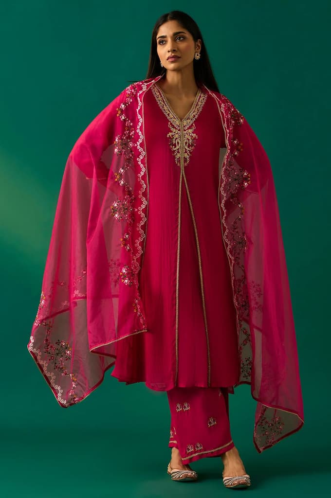 Pink Embroidered Straight Rayon Kurta with Parallel Pant and Dupatta Set — XS